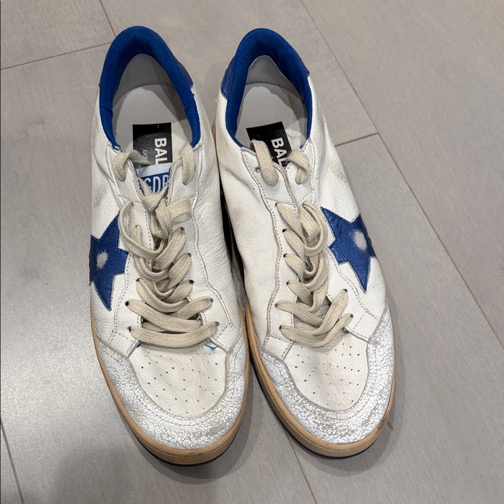 Golden Goose White and Blue Star Sneakers
